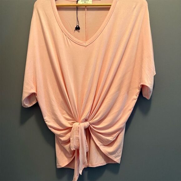 Zenana Outfitters Tops - Zenana Women's V-Neck Front Tie T-Shirt Pink Size M Casual Spring